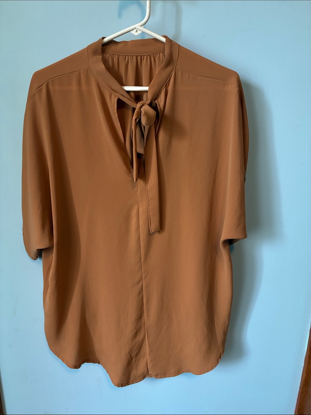 Womens Tie-Neck Short Sleeve Blouse - Brown